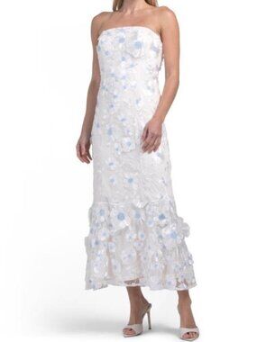 Oleg Cassini Strapless White Floral Appliqué Maxi Dress